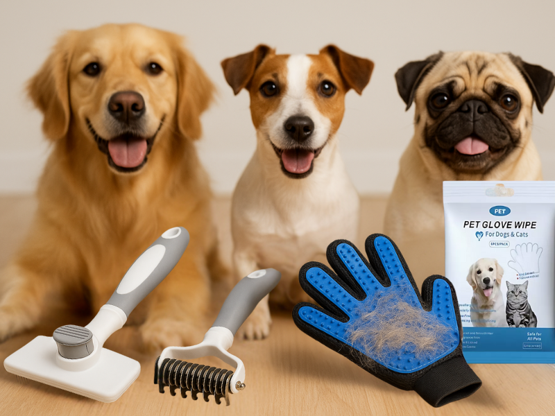 Chiens avec accessoires de toilettage : gants, brosses et lingettes adaptés à chaque race et type de pelage.